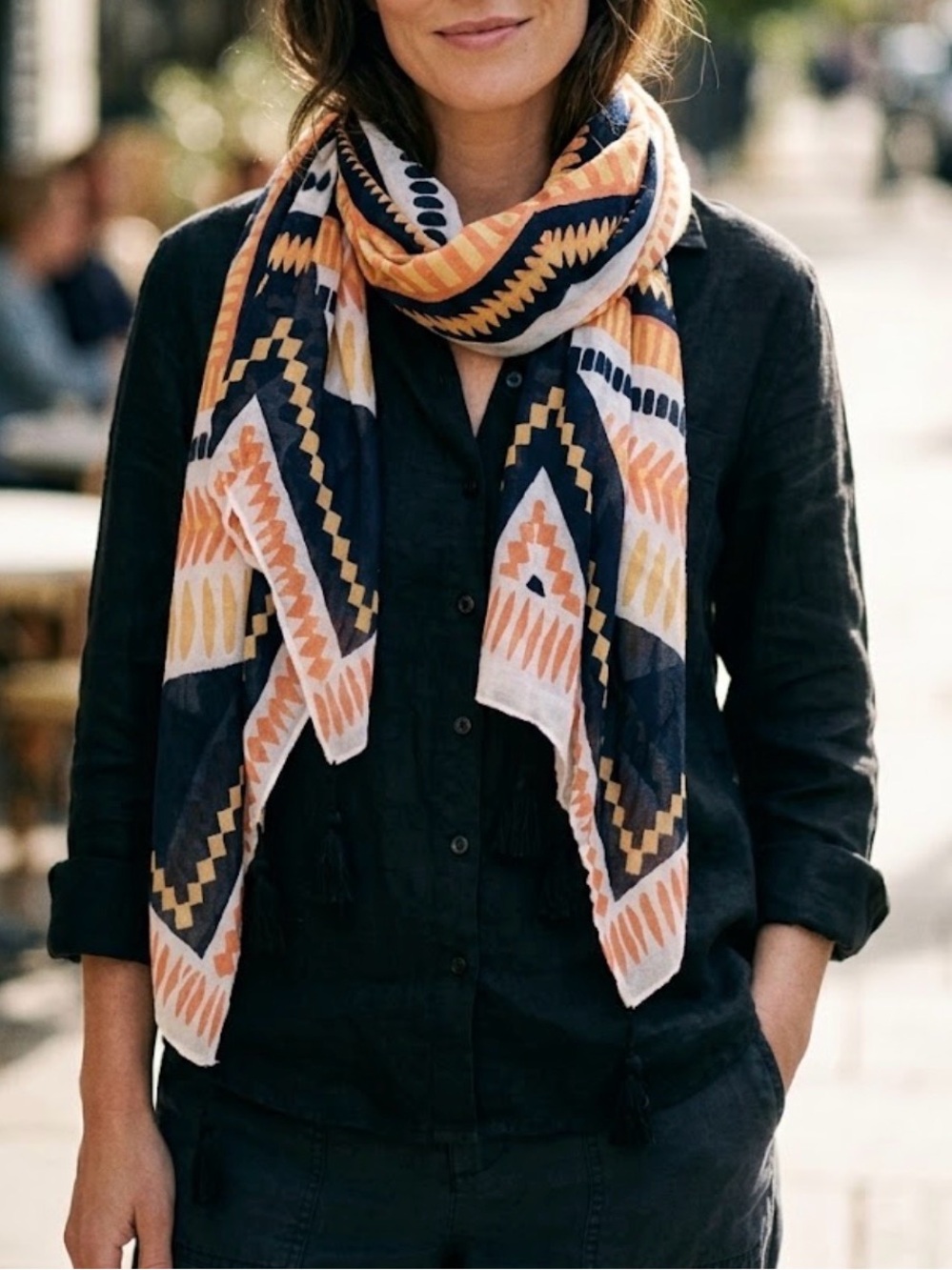 Anthropologie Black, Orange & Yellow Geometric Tassel Scarf